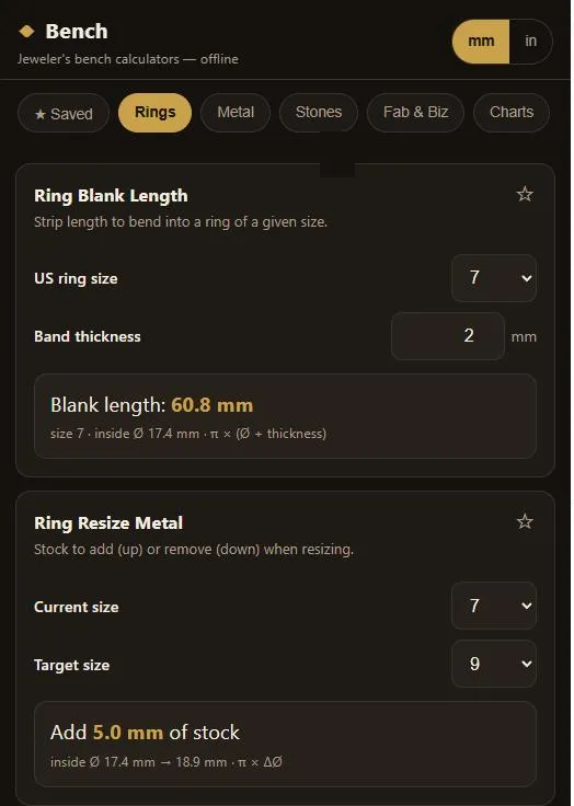 The Bench app on a phone-width screen, showing the Ring Blank Length calculator returning 60.8 mm for a size 7 ring in 2 mm stock.
