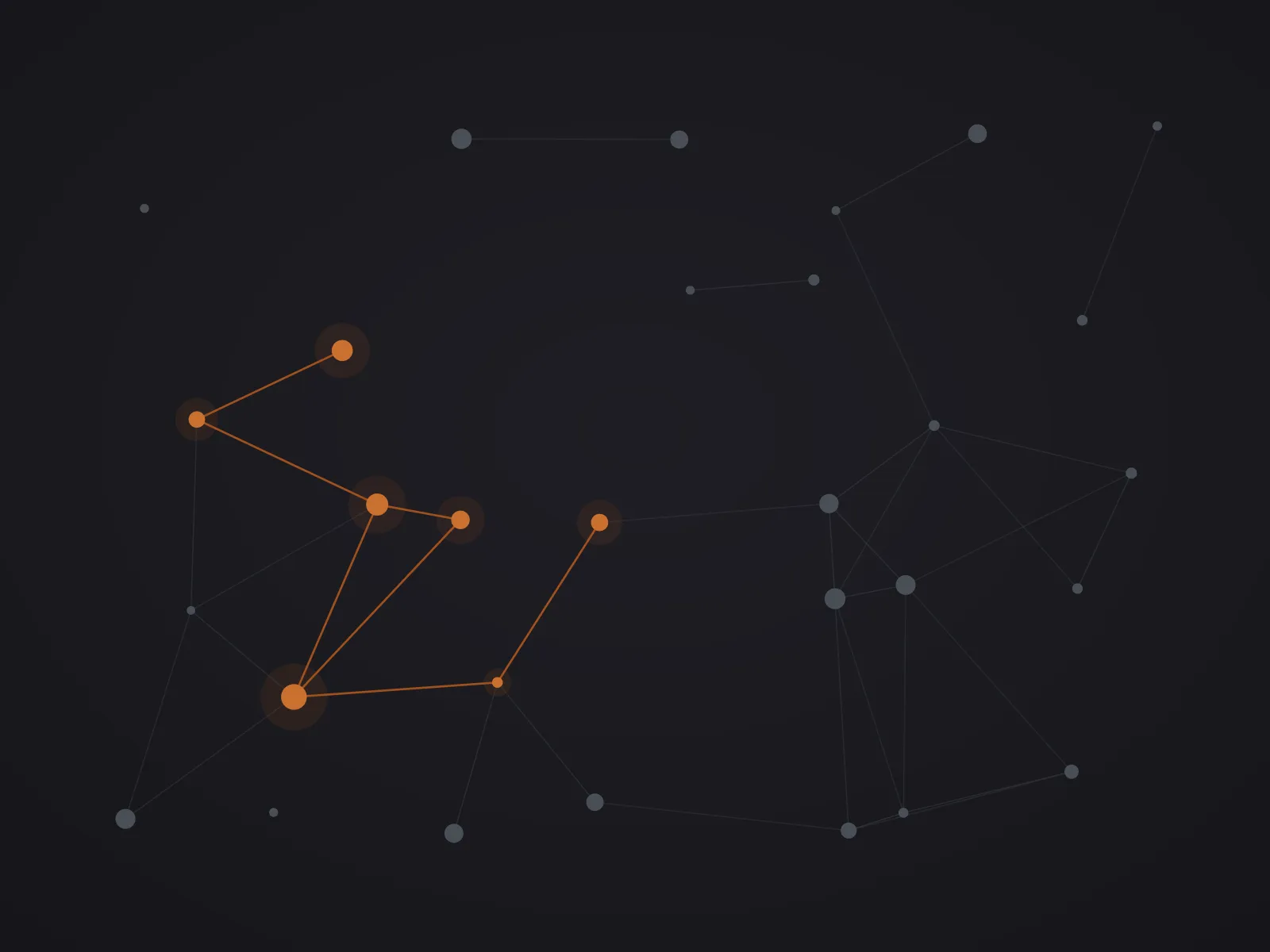 An abstract dark illustration: scattered dots joined by faint lines, with one cluster of seven picked out in copper — a knowledge graph where a handful of notes have been linked together.