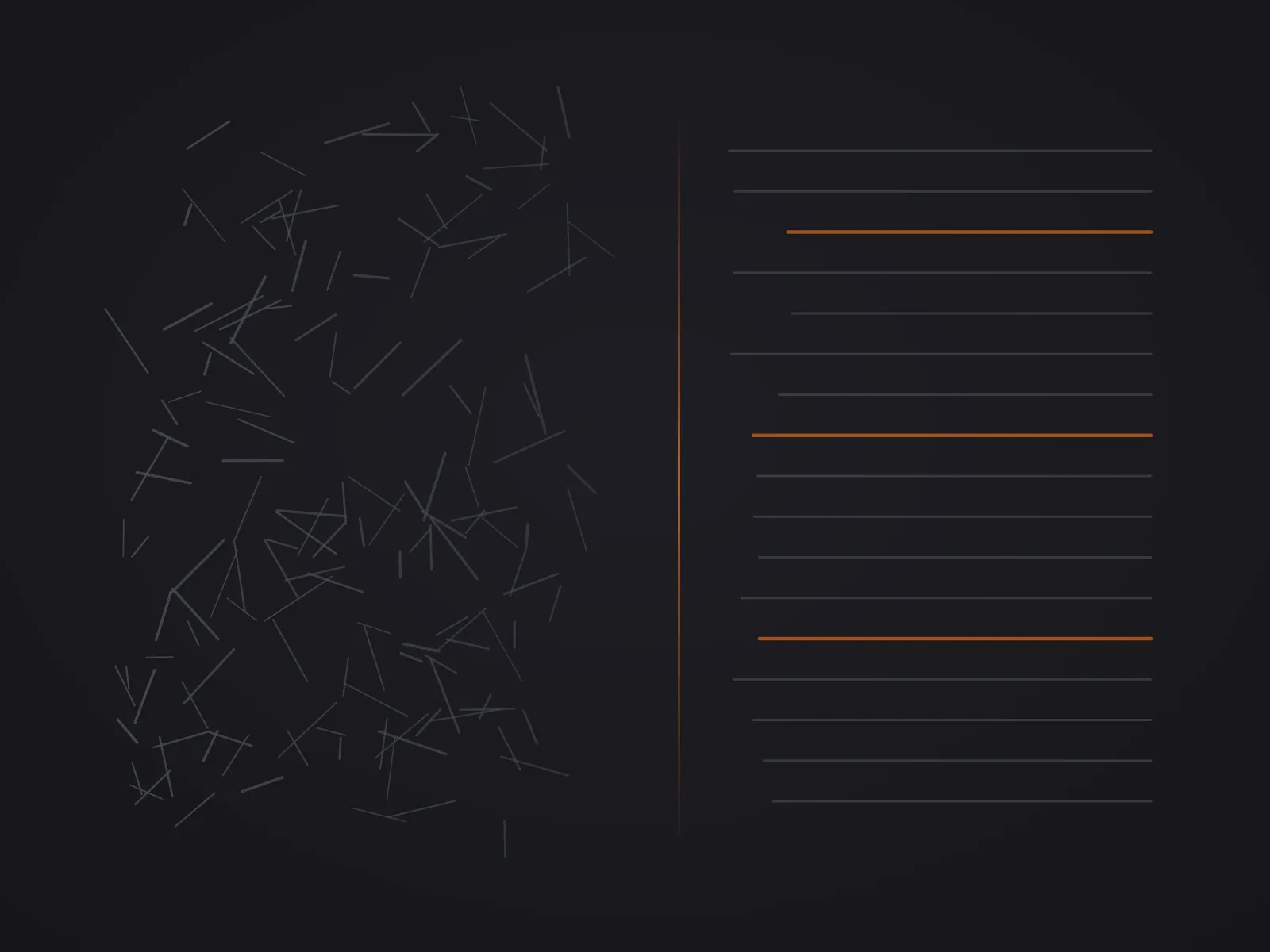 An abstract dark illustration: a scattered pile of short strokes at random angles on the left, a copper seam down the middle, and the same marks resolved into clean parallel lines on the right.