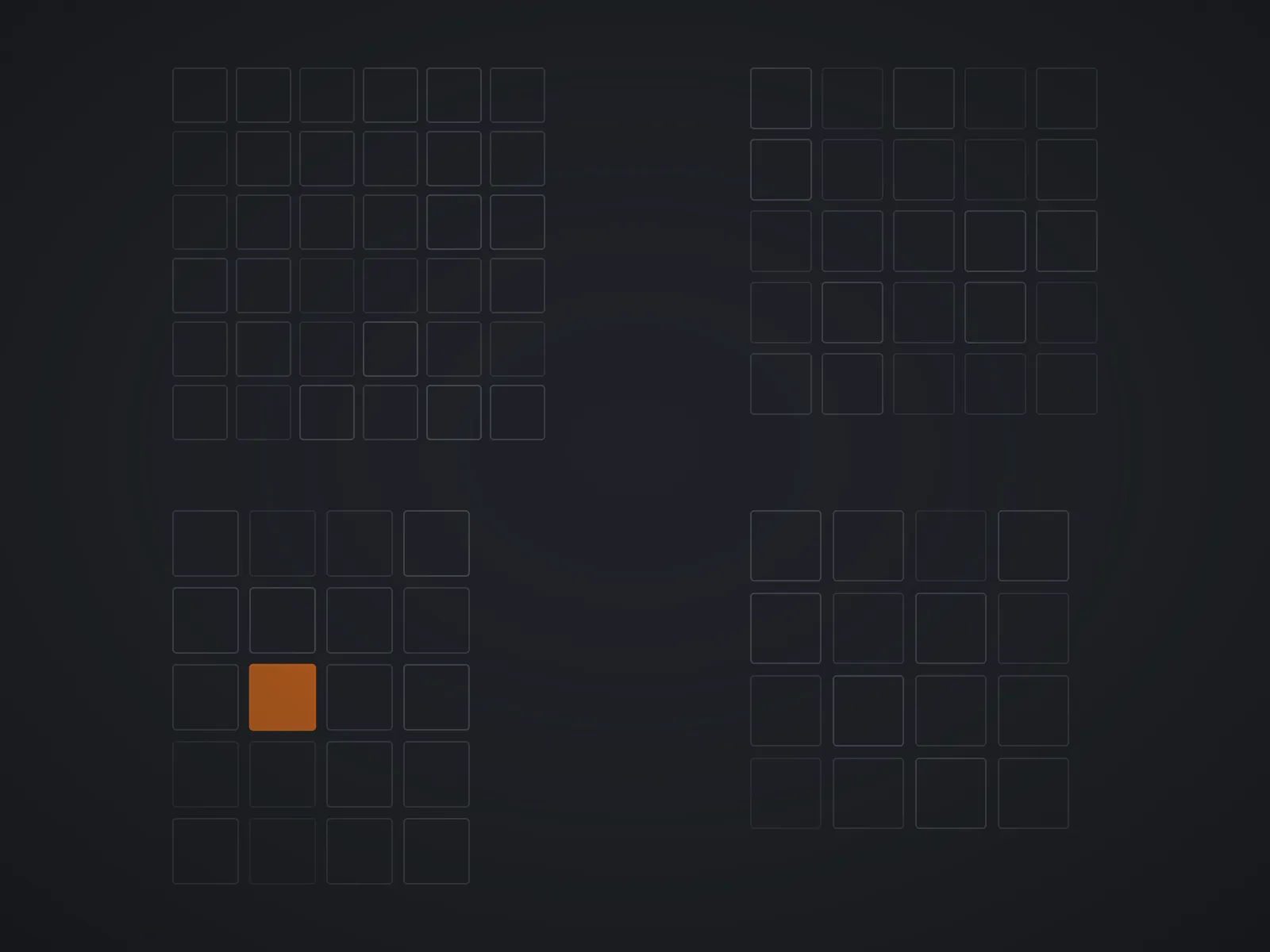 An abstract dark illustration: four blocks of small squares representing the four families of steel, with a single square in one block filled in copper — the grade chosen for the job.